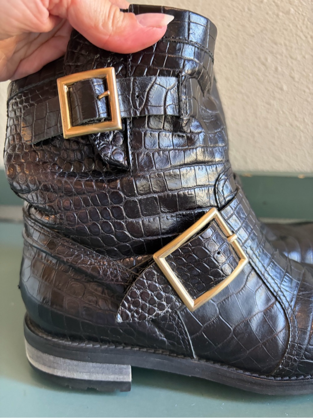 Jimmy Choo Stamped Mock Croc Moto Shearling Boots Size 37 - Picture 7 of 11